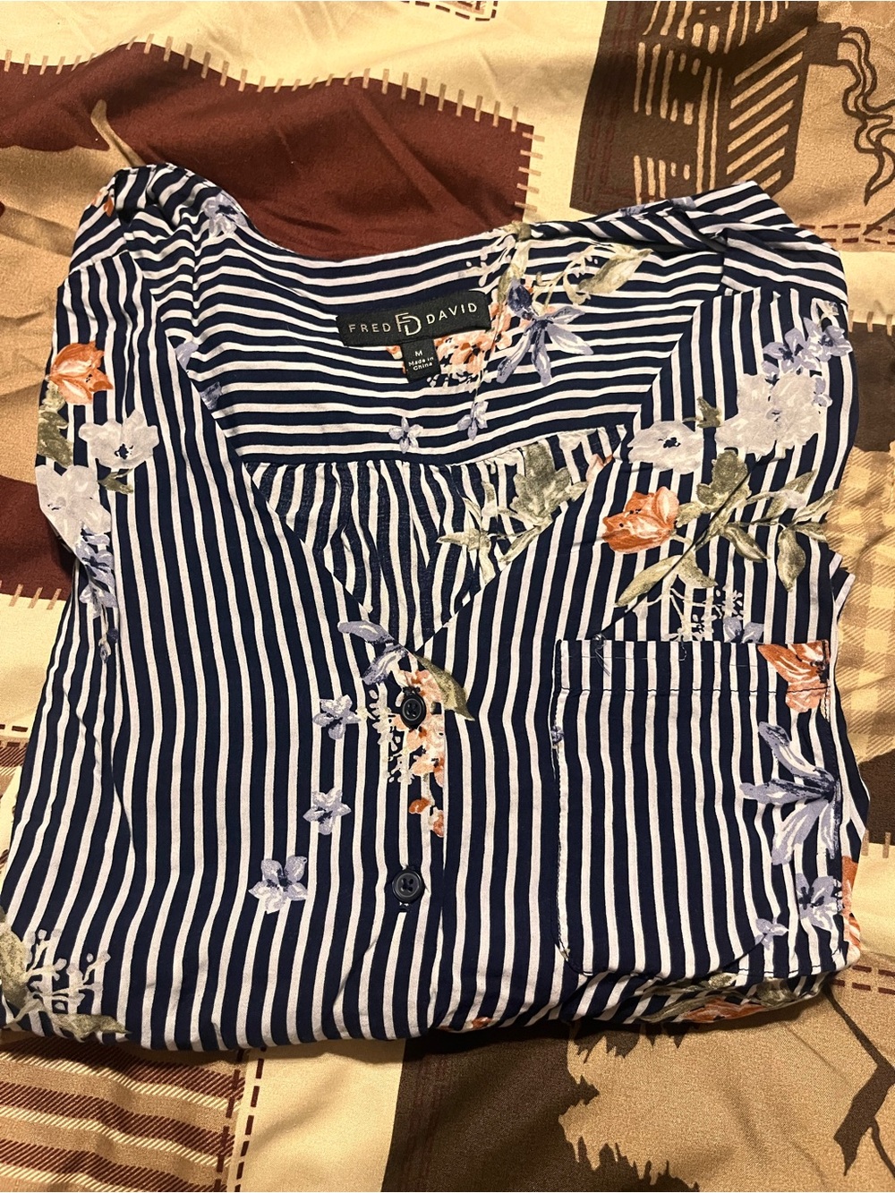 Fred David Navy & White Striped Floral Button-Front Top